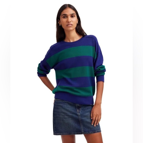Madewell Hayes Stripe Merino Wool Sweater Small Navy Green Crewneck Relaxed Fit - Picture 2 of 8
